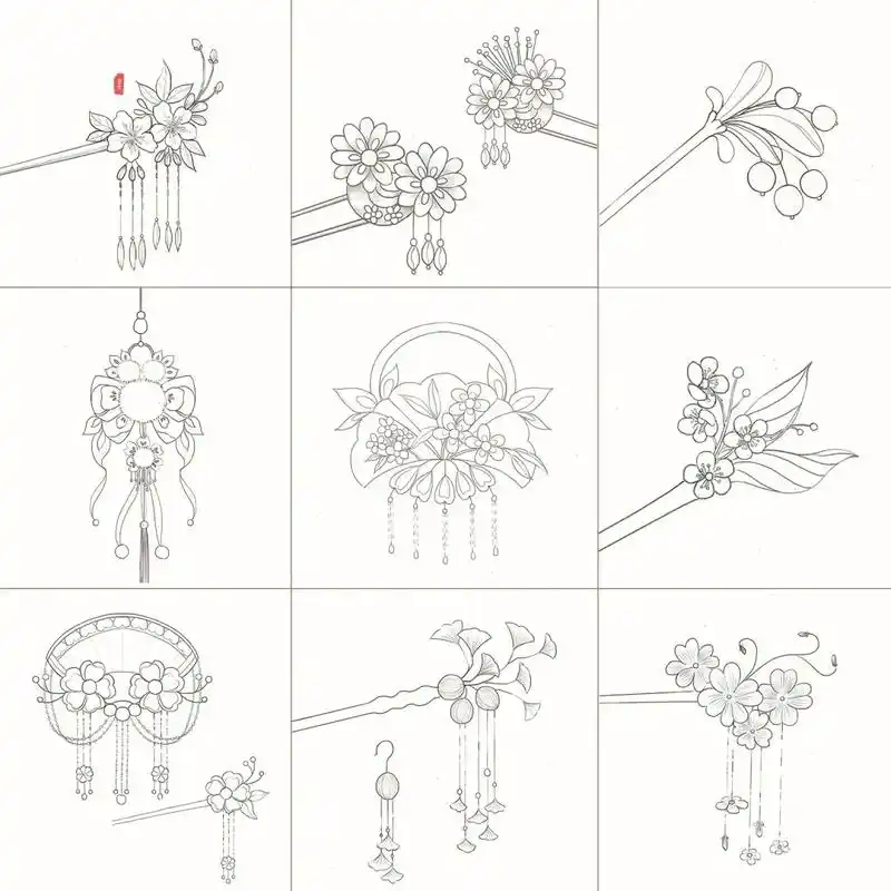 簪娘们,这是你们心目中古风发饰的模样吗?#线稿 #古风素材  - 抖音