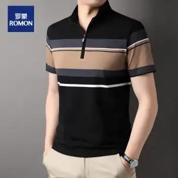 罗蒙romon夏天立领拉链短袖t恤男装条纹上衣服中青年人半袖polo保罗
