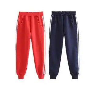 小学生校服裤子儿童男童女童秋冬红色运动裤加绒加厚两条杠校裤女