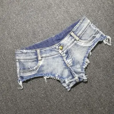 超低腰三角小短裤女ds夜店酒吧性感烟灰色牛仔短裤毛边破洞热裤潮