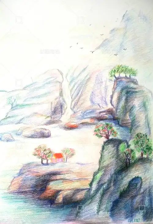 彩铅画《青山霞彩》