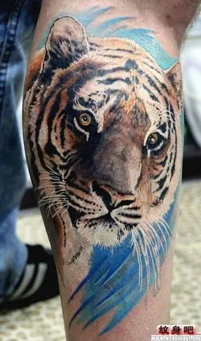 男人腿部很酷虎头纹身图