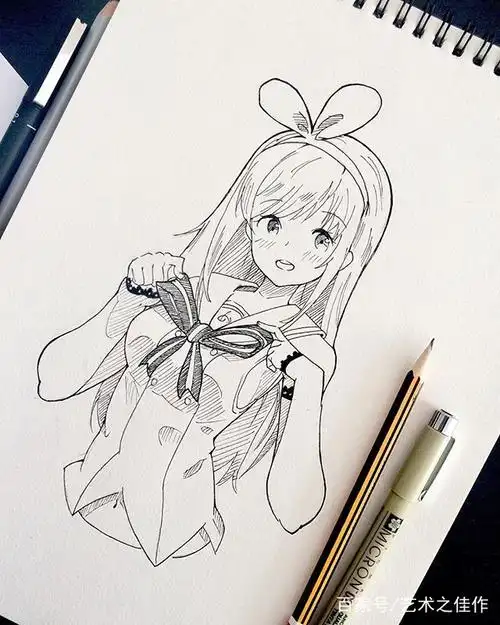 手绘动漫人物黑白稿,漂亮的美少女,好喜欢