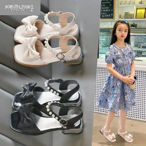 可莉允女童凉鞋2023新款夏季儿童罗马露趾中大童蝴蝶结女孩高跟公主