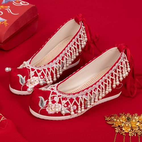 汉服鞋子女古风绣花鞋内增高红色中式秀禾鞋婚鞋高跟唐风古装鞋子