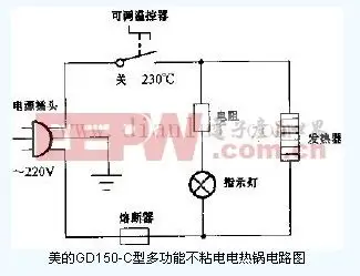 这是一幅电热锅电路图,整个电路图由温度调控器,发热器,指示灯,电阻