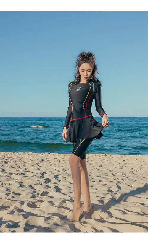 三奇女士泳衣 三奇泳衣女士分体泳衣三件套2021新款运动长袖带胸垫无