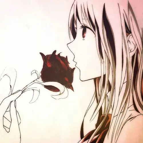 一个蓝色头发的动漫女生拿着一朵玫瑰的图片