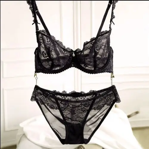 幸福美妞性感透明超薄款无海棉蕾丝文胸套装女大码诱惑内衣裤套装