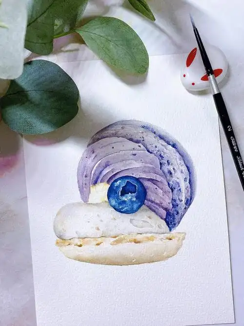 水彩美食蓝莓韩式马卡龙08附过程图