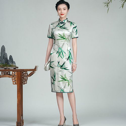 钱塘佳人竹之影高贵真丝旗袍桑蚕丝高端女夏季日常可穿复古民国风