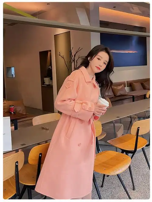 拉夏贝尔毛呢大衣女专柜橘粉色双面羊绒大衣女中长款2021年新款高端