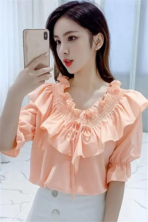 2020夏装新款韩版百搭木耳荷叶边v领雪纺衫短袖一字肩上衣女宽松