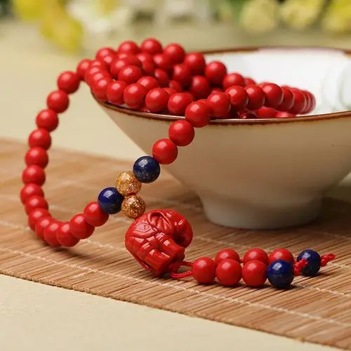 【传弘】天然台湾真朱砂手链108颗佛珠开运生肖招财象貔貅手.