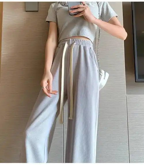 直筒运动小个子ins潮裤子夏天女士夏季女生显瘦百搭的米白色九分款s