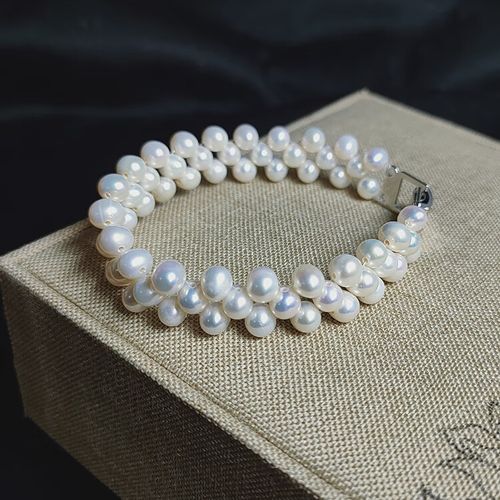 奢西欧珍珠手链多层手工编织花式5排白色强光淡水时尚手镯女生 白色2