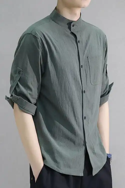 亚麻衬衫男士夏季韩版潮流帅气修身纯棉七分袖港风半袖衬衣男短袖