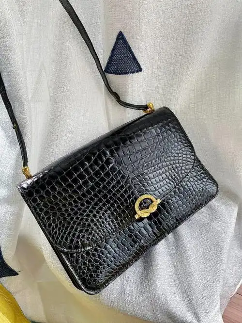 no349morabito中古黑金麦穗扣湾鳄鱼皮包