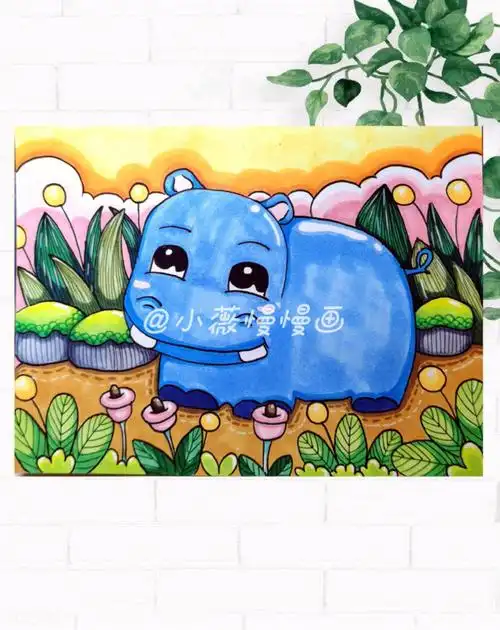 马克笔儿童画45可爱河马附加线稿图