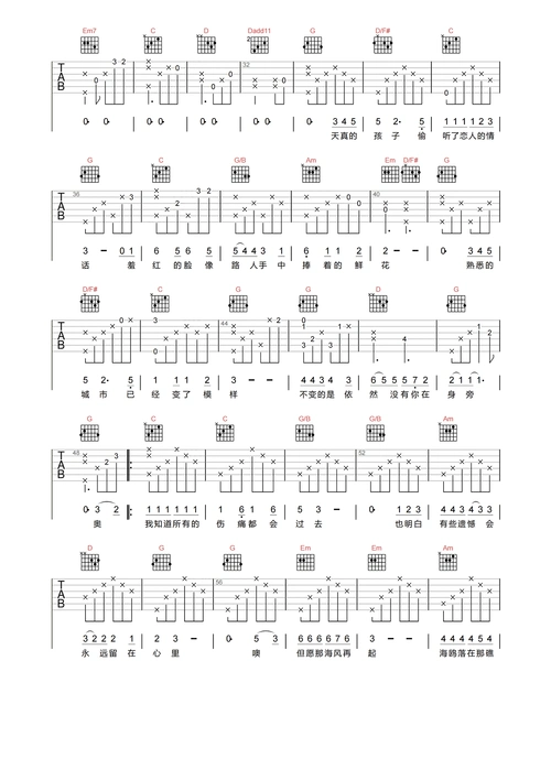 海鸥吉他谱,选用g调指法,cap