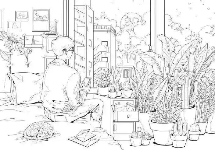 黑白线稿临摹素材全景场景线稿