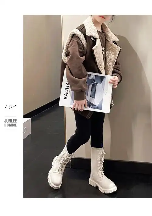 小学生靴子女孩长筒靴子靴子皮冬秋季中大童演出长筒马丁长靴儿童中筒