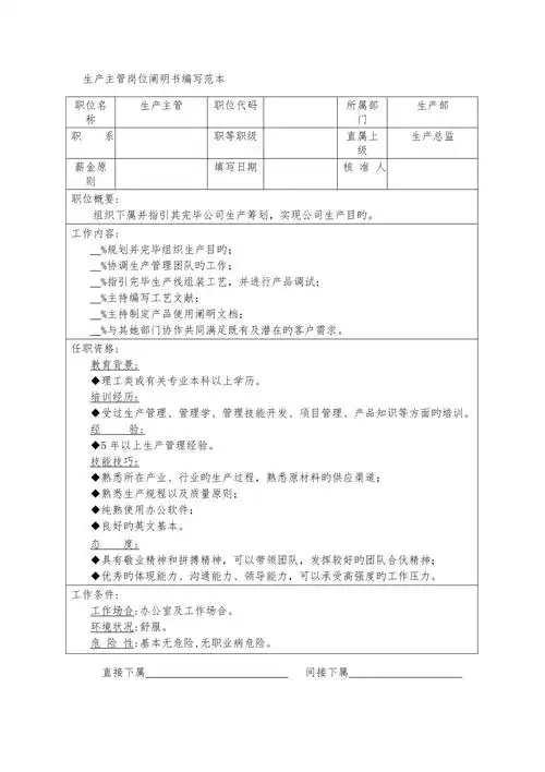 生产主管岗位专项说明书编写范本