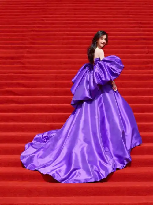 让人眼前一亮的紫色抹胸礼服,拽地的大裙摆,精美珠宝配饰点缀,优雅