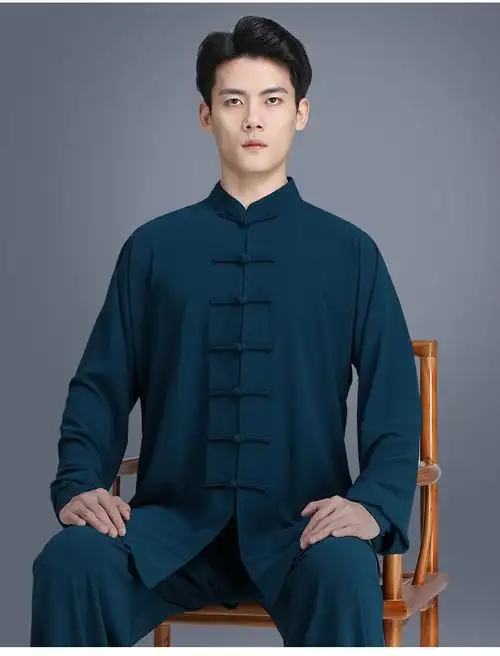 山人运动太极服男士春秋新款武术服练功服中老年太极拳服装黄色m