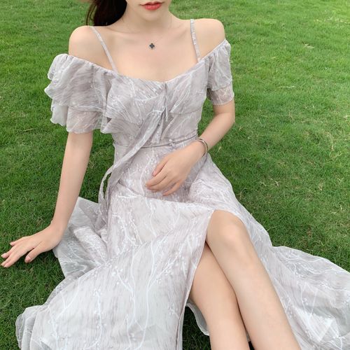 2020新款复古一字肩吊带雪纺连衣裙海边度假露肩沙滩裙长裙女夏季