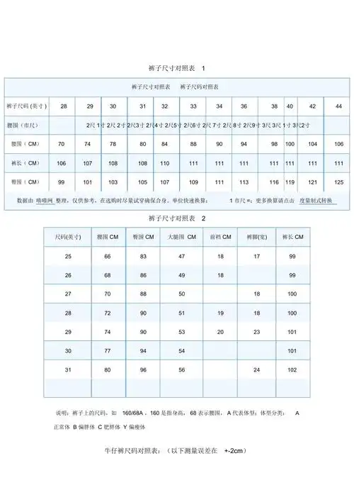 裤子尺码对照表