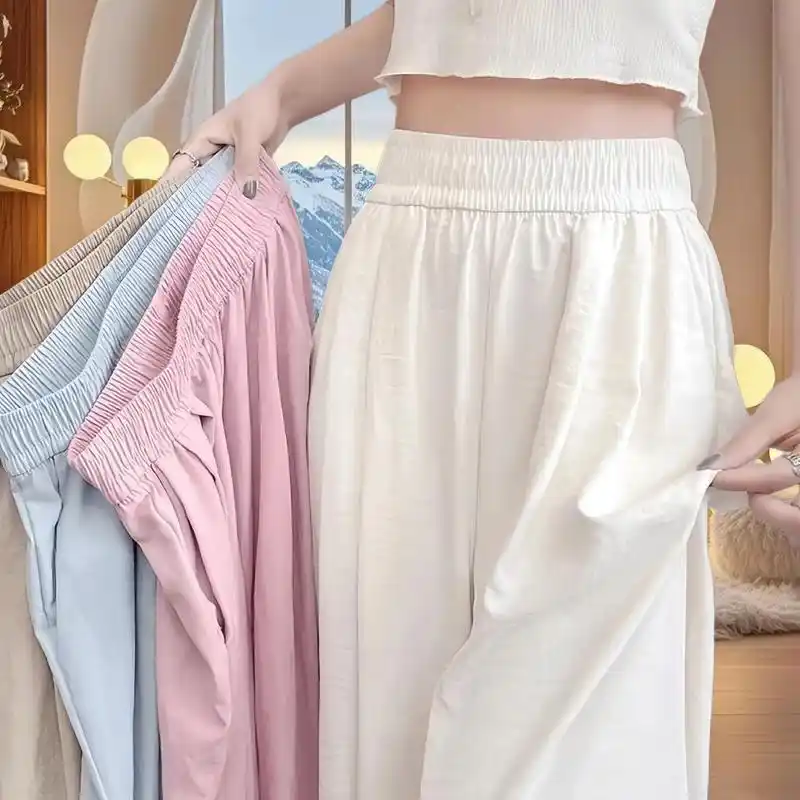 冰丝奶芙裤女夏季薄款高腰垂感宽松直筒休闲裤慵懒风肌理感阔腿裤