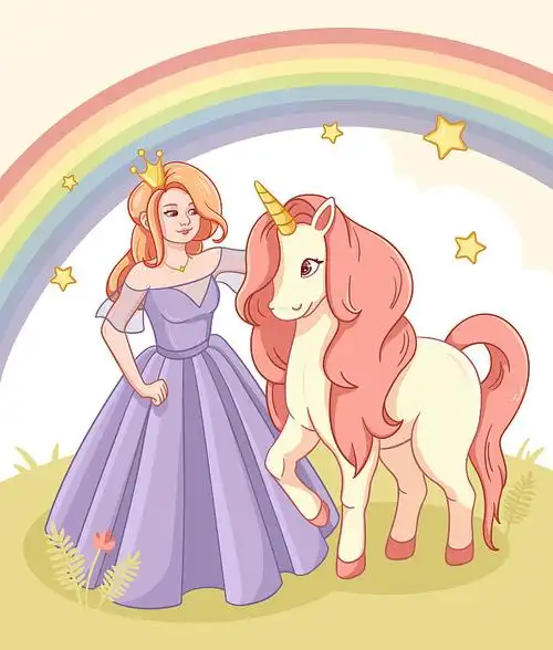 可爱的卡通童话公主和独角兽