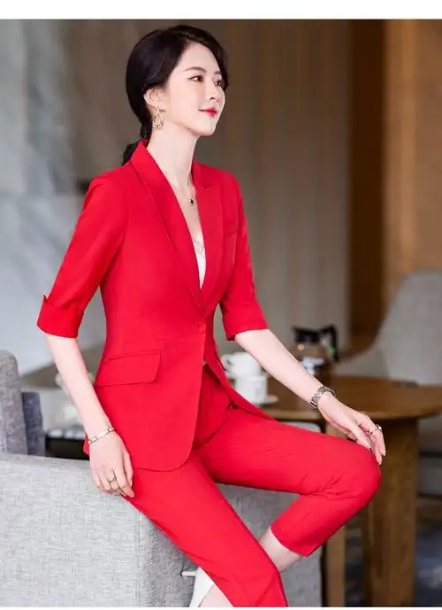 西装外套女小个子2022新款爆款工作服职业正装红色九分裤套装春季