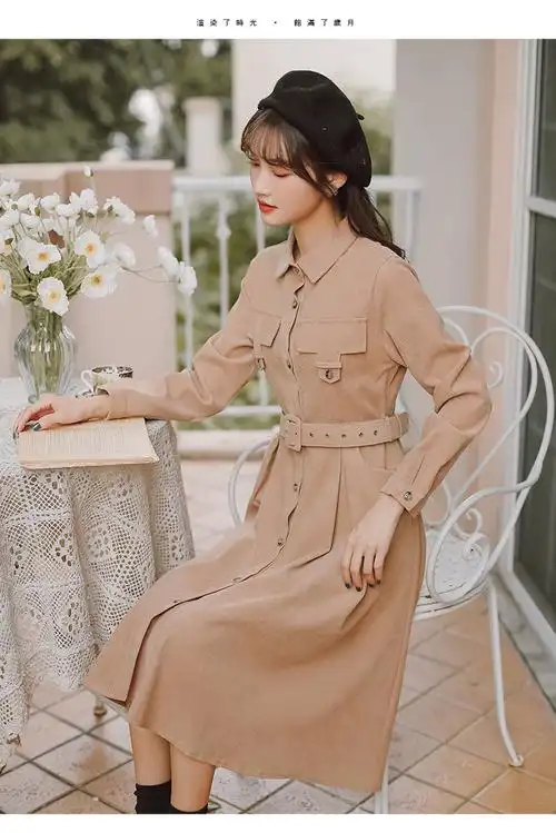 高档品质法式灯芯绒连衣裙女装秋冬季2020年新款红色打底圣诞衣服裙子