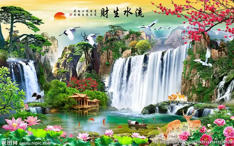 流水生财高山流水瀑布风景背景墙图片