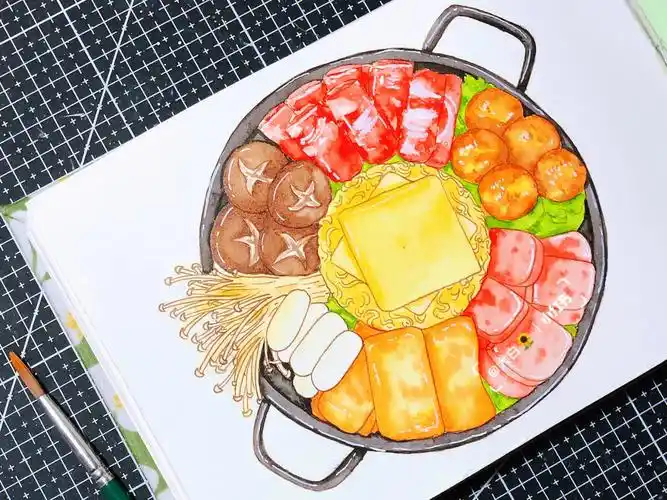 水彩画钢笔淡彩美食07韩式部队火锅01