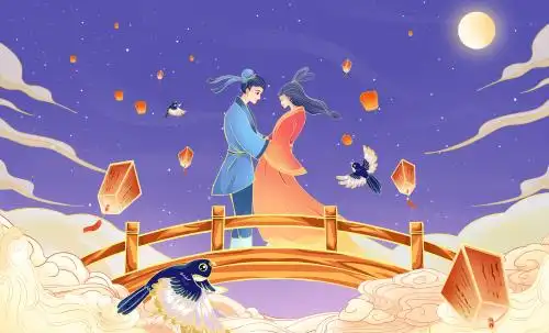 七夕鹊桥相会的牛郎织女国潮插画横版