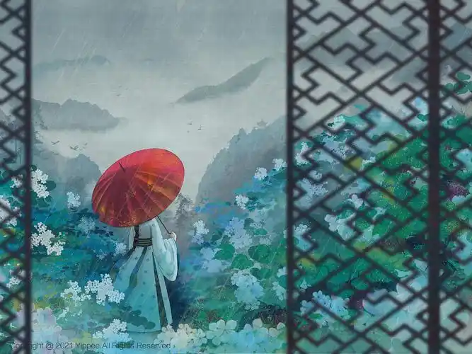 古风插画远山听雨