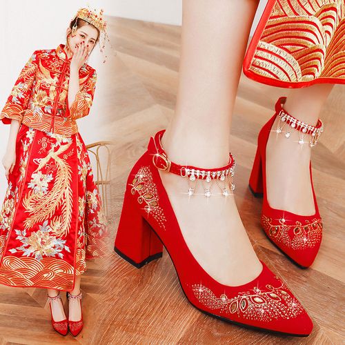 秀禾鞋婚鞋女2022年新款中式秀禾服结婚新娘鞋红色粗跟绣花高跟鞋