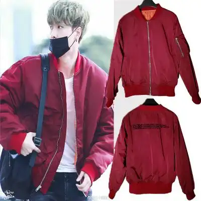 秋冬新款棉衣张艺兴机场同款红色外套男女刺绣绣花夹克