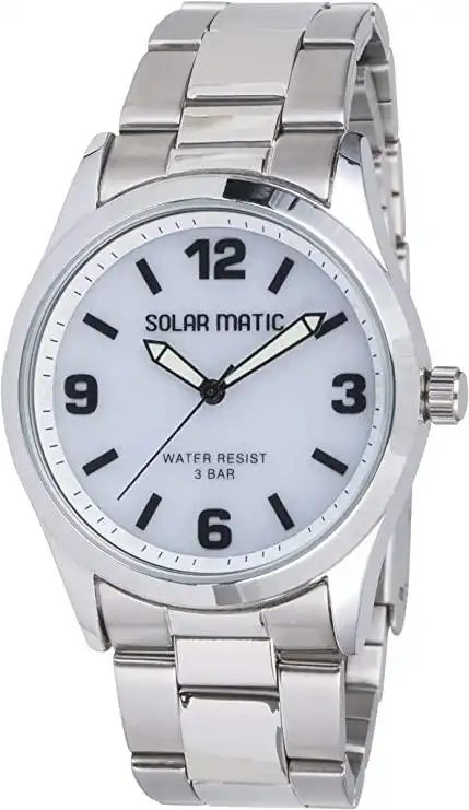 太阳能 防水 金属表带 sm-am168-wts 男士 银色, 表盘颜色-白色, 手表