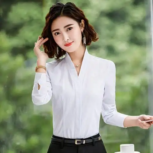 白衬衫女韩范装新款时尚职业装v领修身暗条纹正装暗扣西装内搭棉