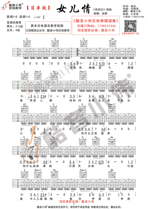 女儿情 c调简单版 酷音小伟吉他教学 万晓利 吉他谱 和弦谱