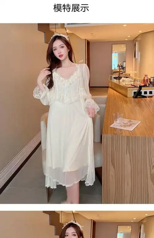 百圣塔性感睡衣诱惑法式舒适网纱睡衣女性感领吊带睡裙长款纯欲风蕾丝