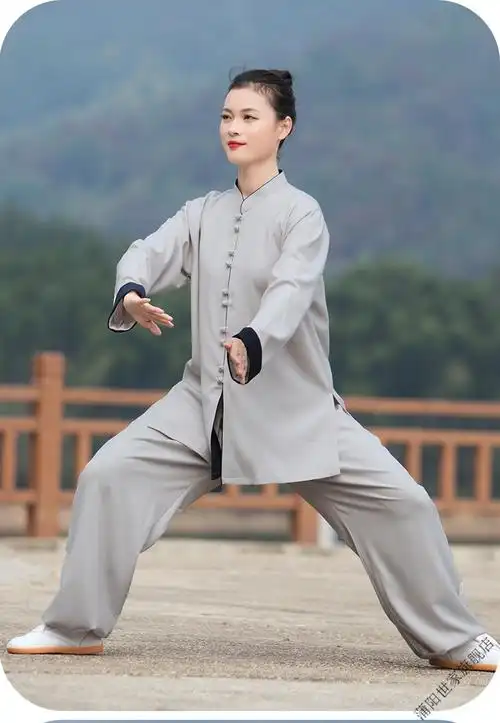 棉麻太极服女2021新款飘逸高端太极拳武术练功服男装春秋冬藏蓝小扣翻