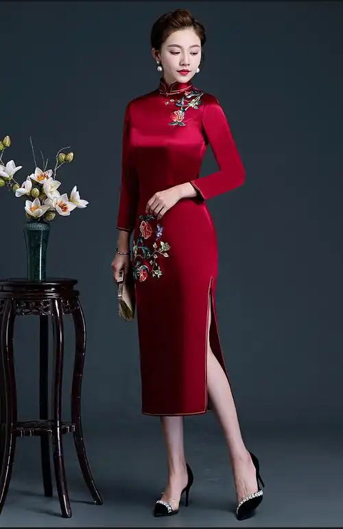 长袖旗袍新款婚庆婚宴妈妈装礼服长款高端刺绣旗袍裙大码修身礼服