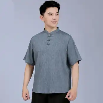 太极服男中袖t恤练功服天丝麻清爽立领唐装新中式中国风sn8622蓝色m