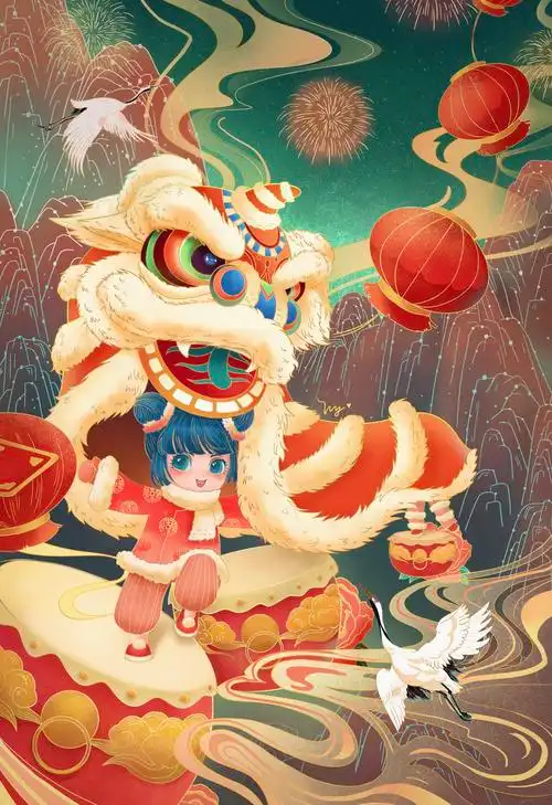 春节舞狮插画夜晚烟花