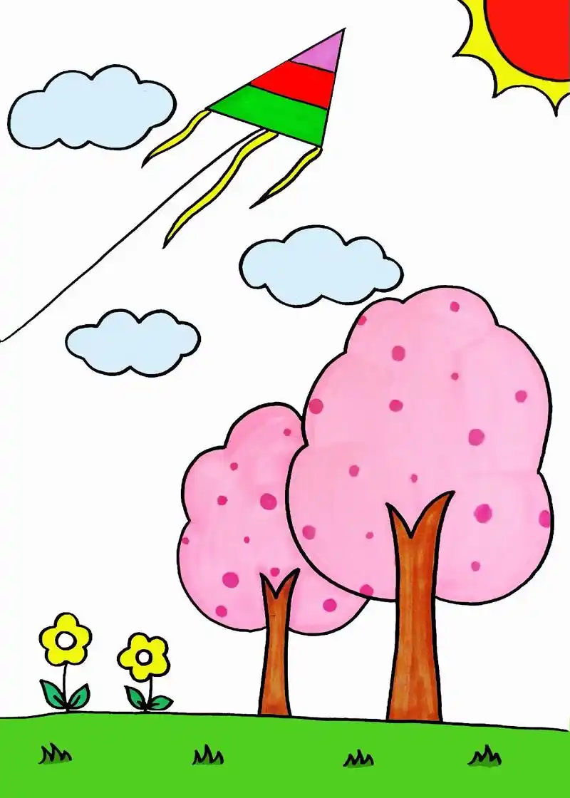 春天主题画.春暖花开,阳光明媚,一起去放风筝吧! 这幅春天主 - 抖音